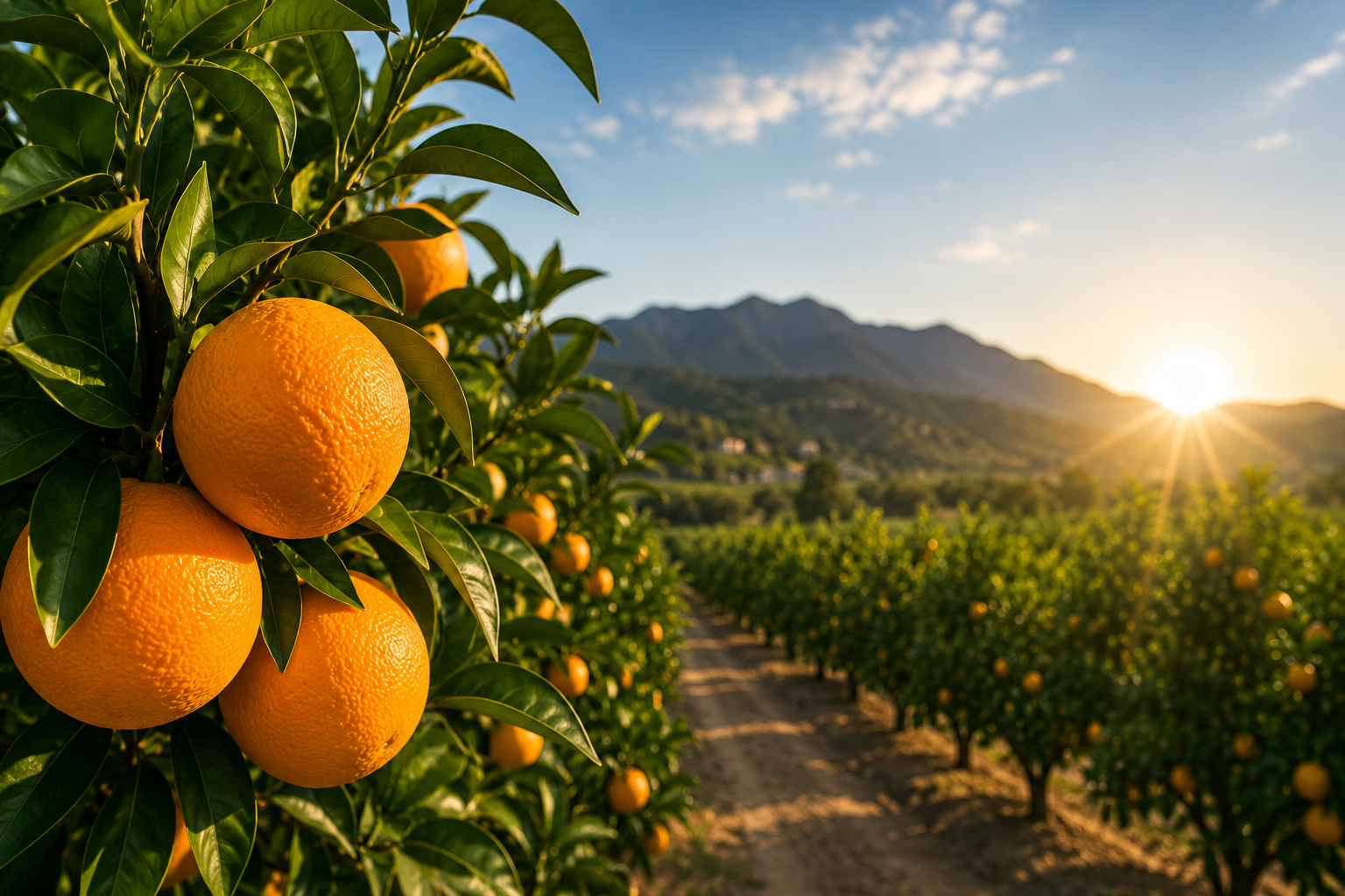 Naranjas frescas en el campo mediterráneo al amanecer