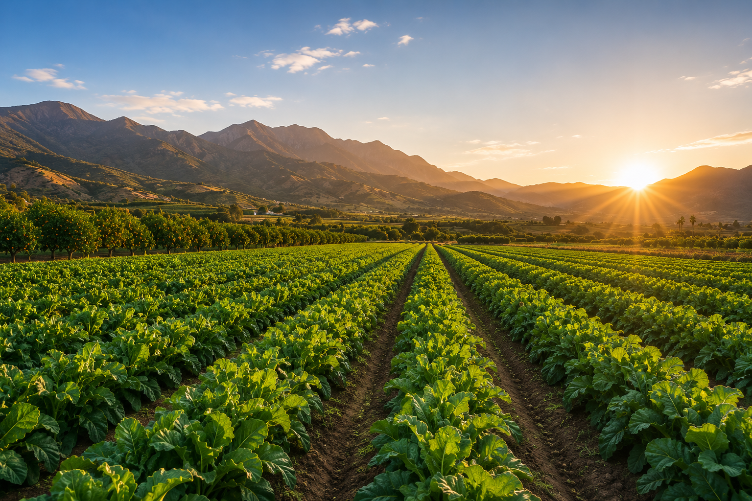 Campos de cultivo mediterráneos al atardecer