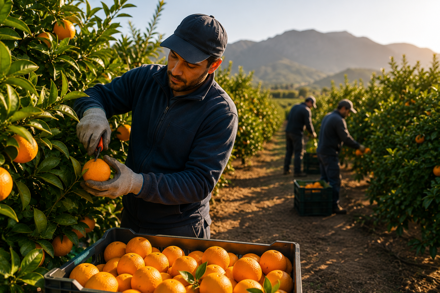 Equipo Pilmacitrus cosechando naranjas
